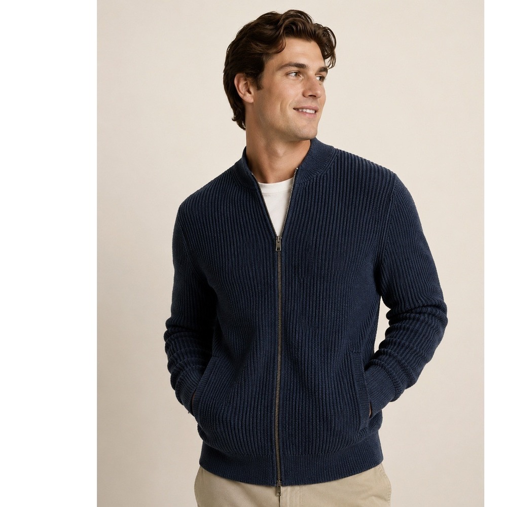 Banana Republic Navy Ribbed Full Zip Bomber Cardigan Sweater Men's Medium
